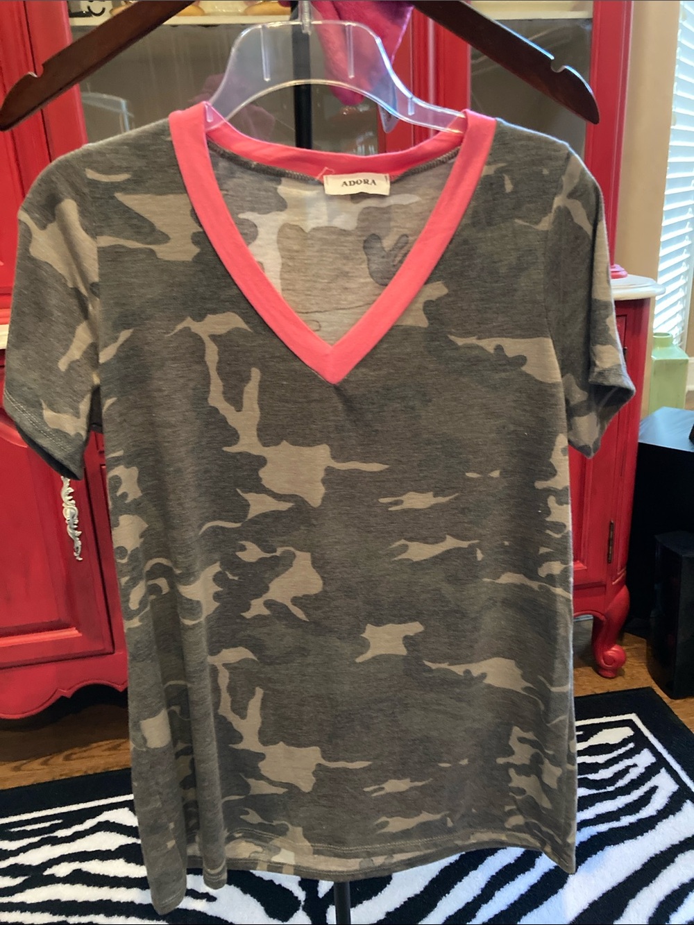 ADORA Gray Camo V-Neck Tee with Pink Trim